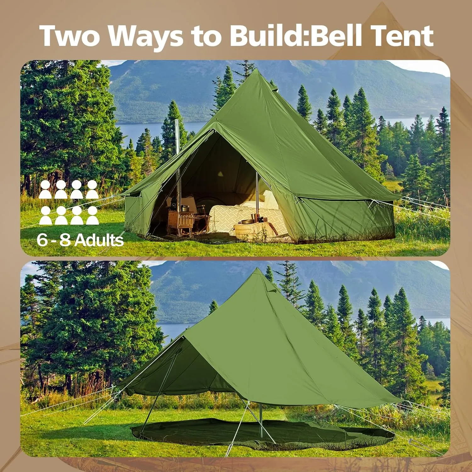 Cotton Canvas Bell Tent, Waterproof Large Tents with Sturdy Center & Door Pole and Space for 4/6/8 Person All 4 Season Camping Yurt Tent
