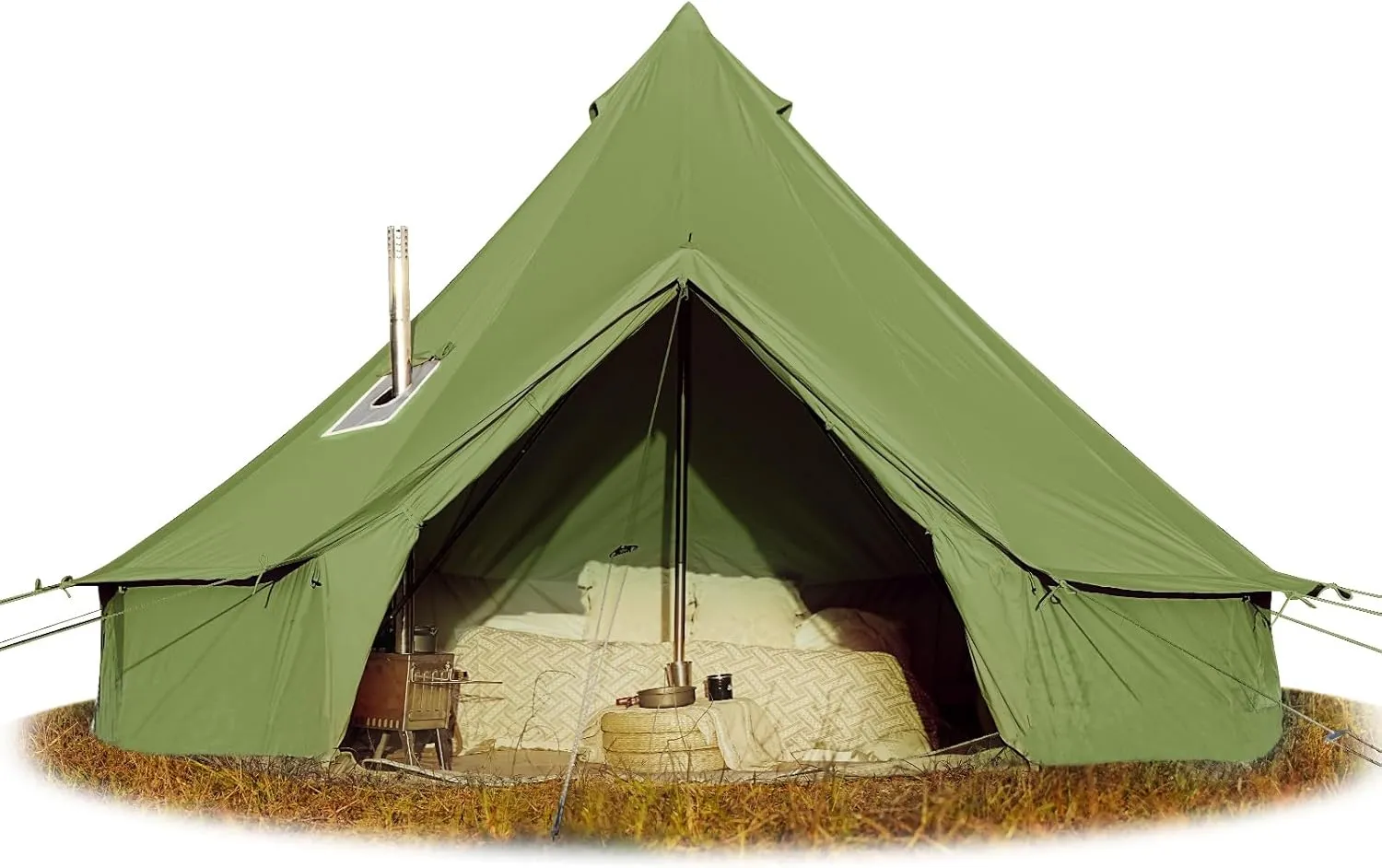 Cotton Canvas Bell Tent, Waterproof Large Tents with Sturdy Center & Door Pole and Space for 4/6/8 Person All 4 Season Camping Yurt Tent
