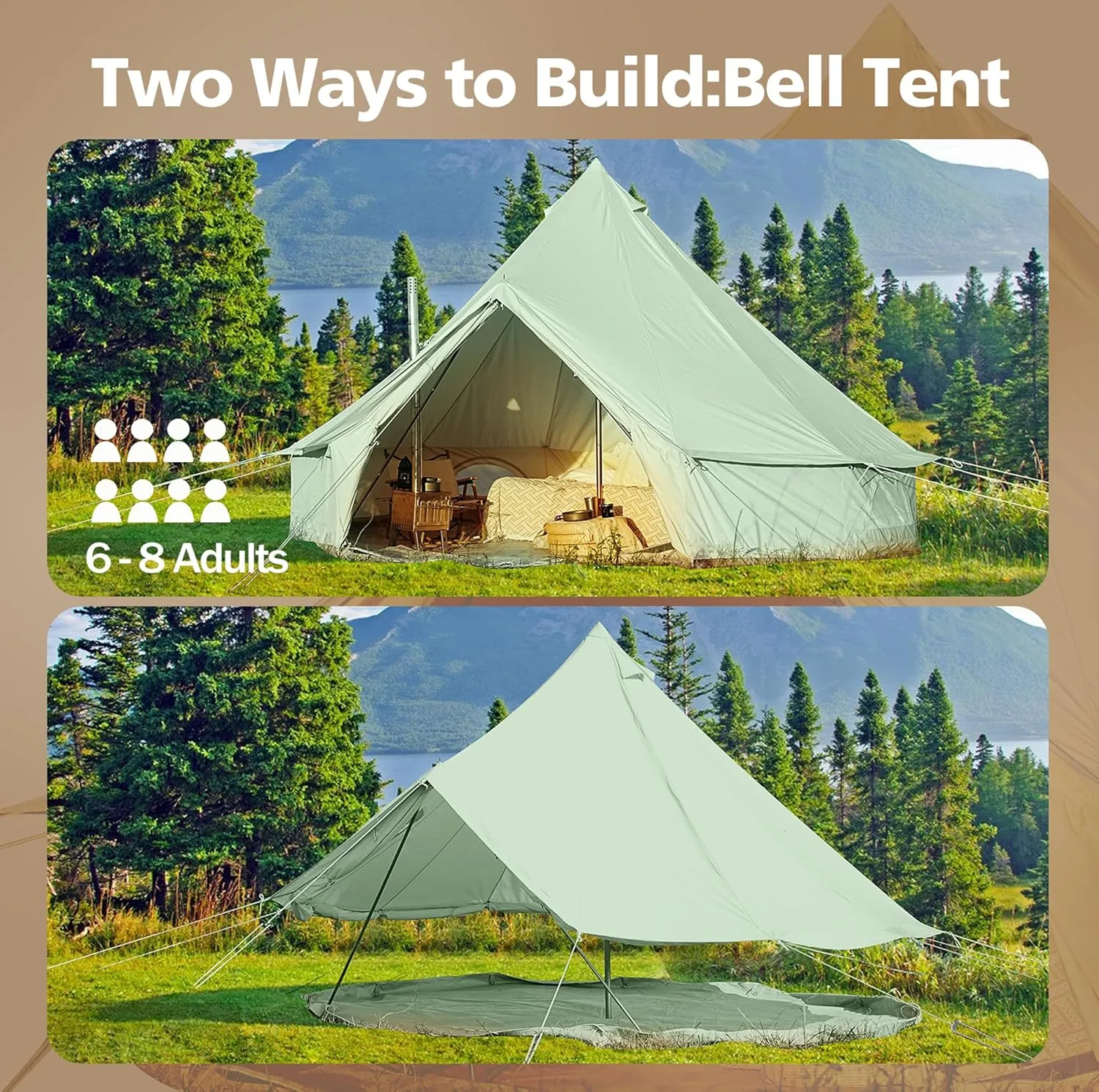 Cotton Canvas Bell Tent, Waterproof Large Tents with Sturdy Center & Door Pole and Space for 4/6/8 Person All 4 Season Camping Yurt Tent