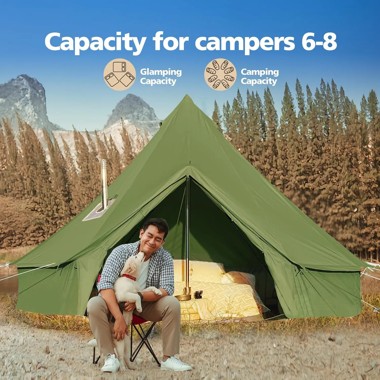 Cotton Canvas Bell Tent, Waterproof Large Tents with Sturdy Center & Door Pole and Space for 4/6/8 Person All 4 Season Camping Yurt Tent