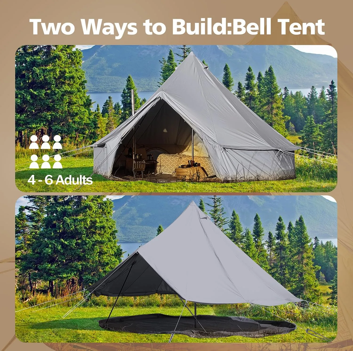 Cotton Canvas Bell Tent, Waterproof Large Tents with Sturdy Center & Door Pole and Space for 4/6/8 Person All 4 Season Camping Yurt Tent