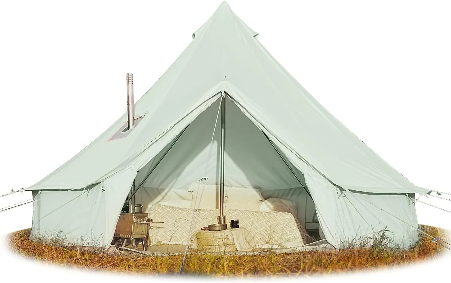 Cotton Canvas Bell Tent, Waterproof Large Tents with Sturdy Center & Door Pole and Space for 4/6/8 Person All 4 Season Camping Yurt Tent