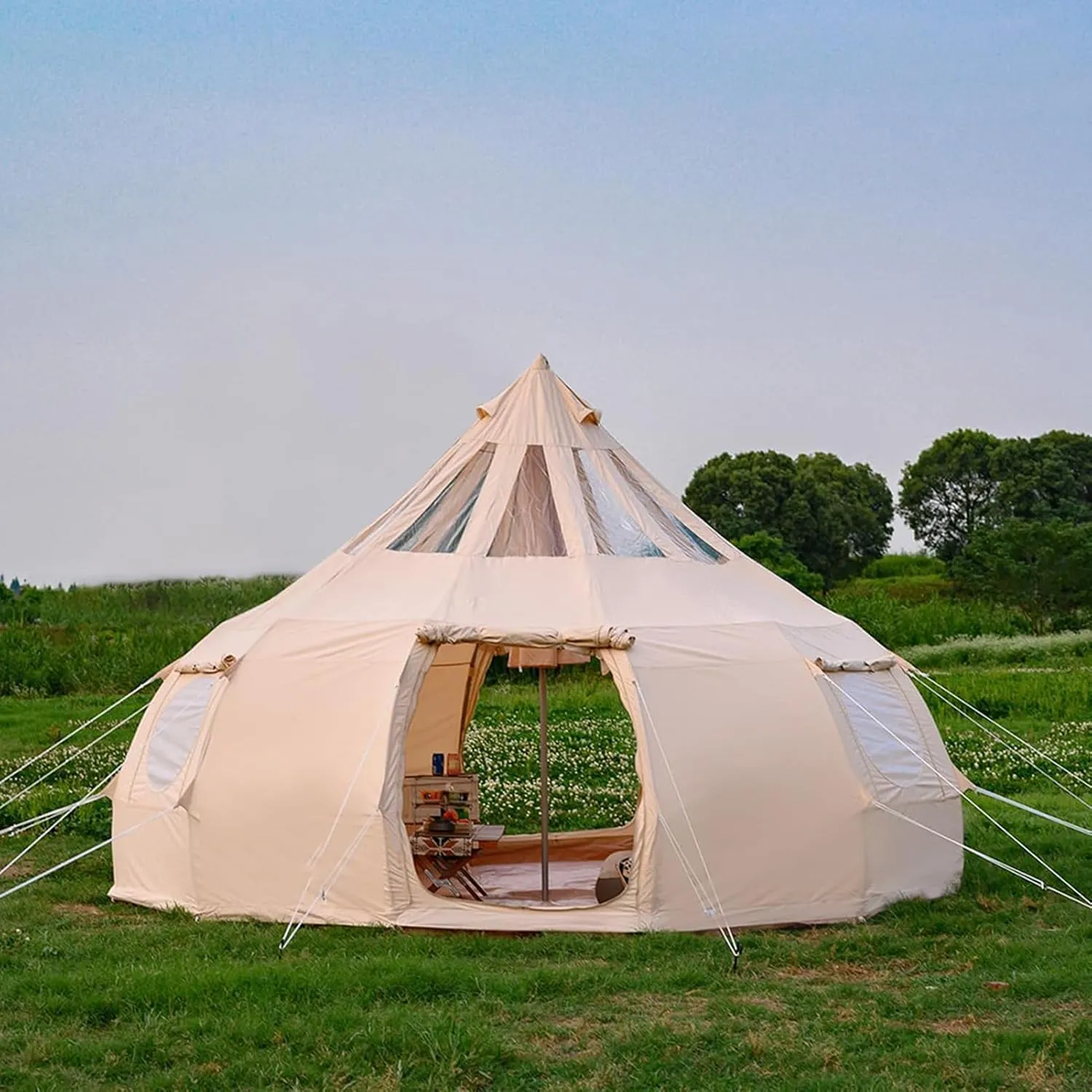 Cotton Canvas Family Camping Tent for 8-10 Person, 4 Season Glamping Tent, Hot Tent with Stove Jack Yurt Tipi, Teepee Tent, 500x500x315cm, Beige