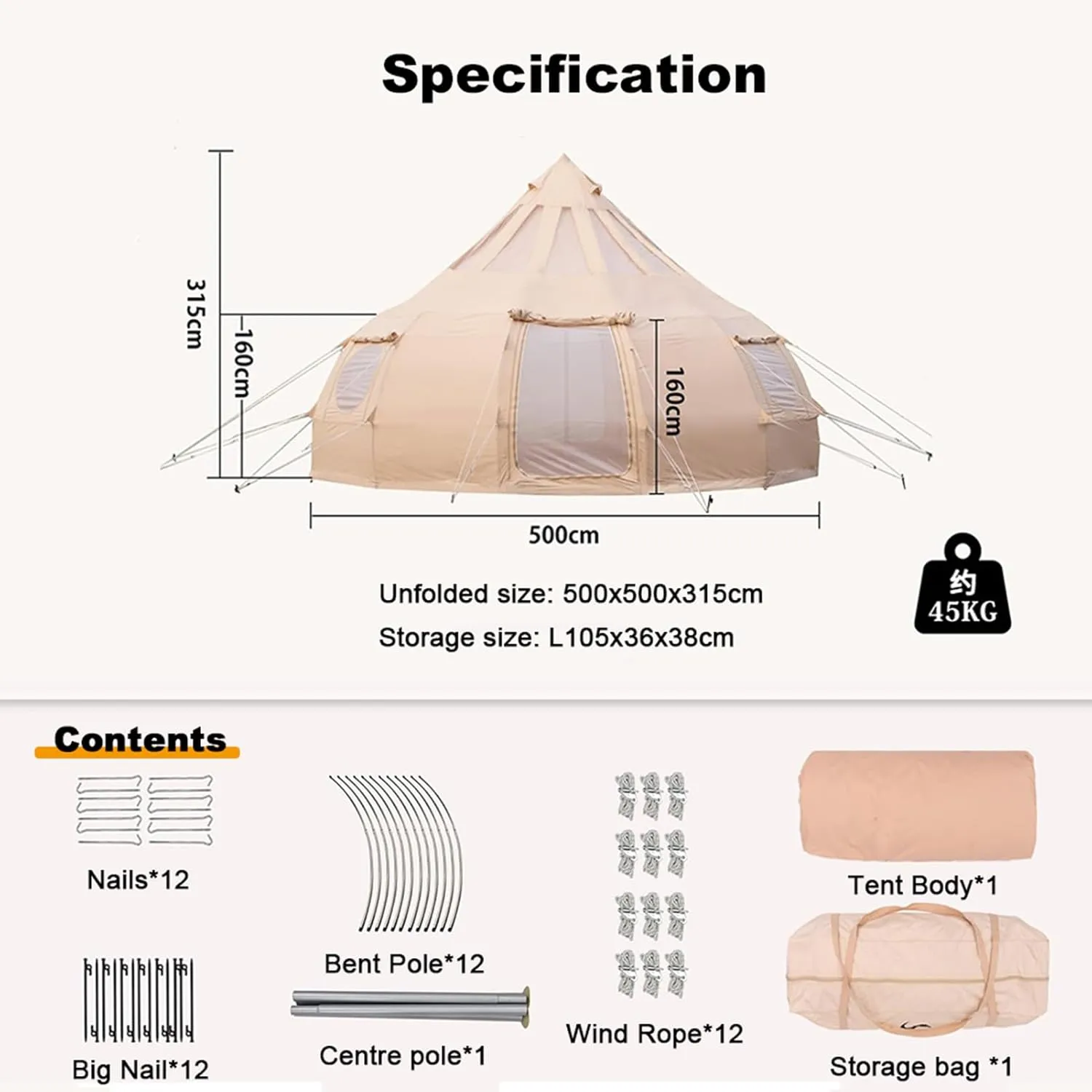 Cotton Canvas Family Camping Tent for 8-10 Person, 4 Season Glamping Tent, Hot Tent with Stove Jack Yurt Tipi, Teepee Tent, 500x500x315cm, Beige