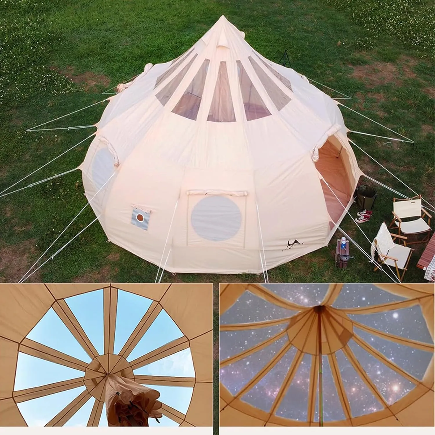Cotton Canvas Family Camping Tent for 8-10 Person, 4 Season Glamping Tent, Hot Tent with Stove Jack Yurt Tipi, Teepee Tent, 500x500x315cm, Beige