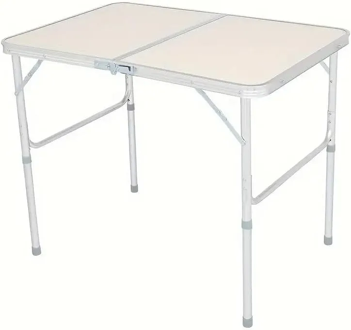 Create Outdoor Spaces with Portable Folding Table, Lightweight Aluminum, Adjustable Heights for Camping or Picnics, Beige and Silver Gray