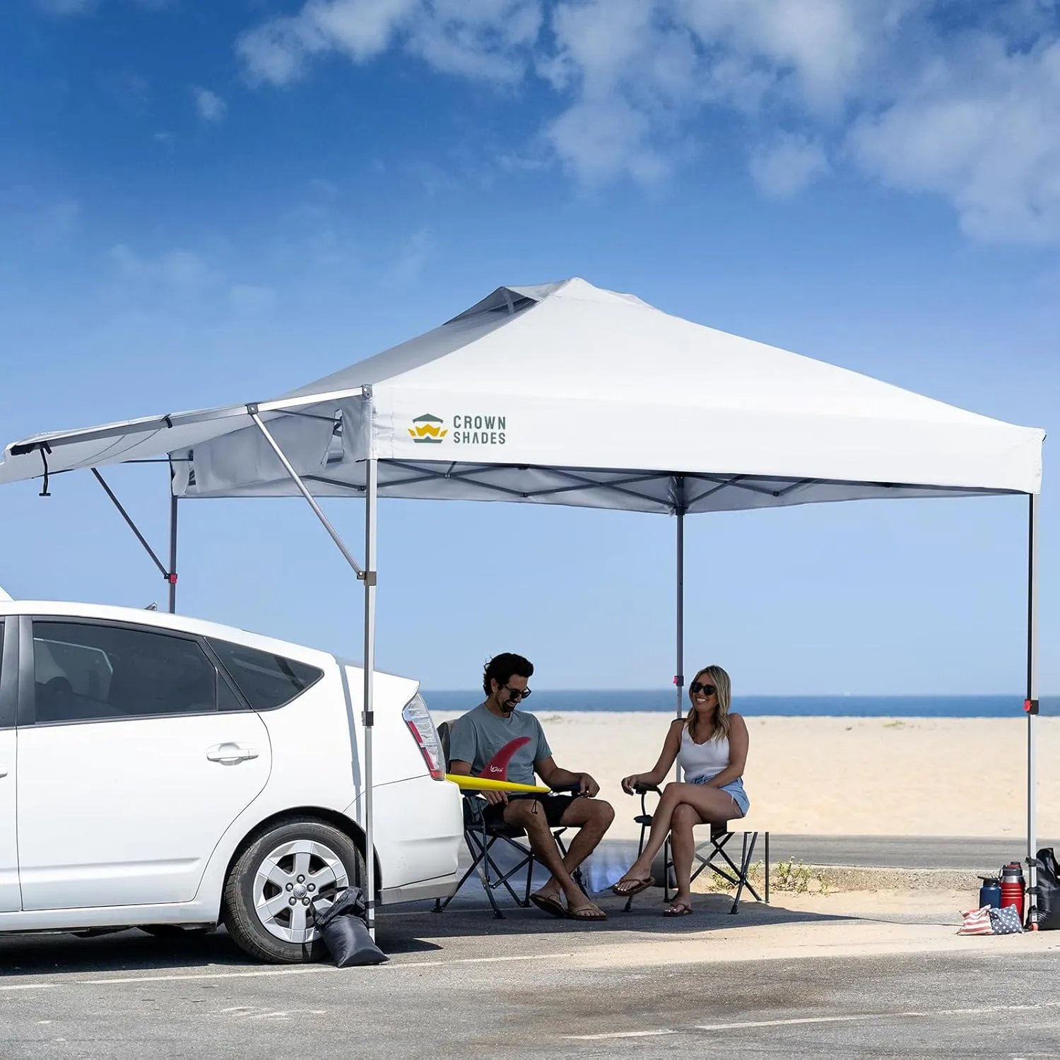 CROWN SHADES 10x10 Pop up Canopy Tent, Instant Commercial Canopy with Extend Awning, Patended Centerlock, 150D Silver Coated Fabric, 4 Ropes, 8 Stakes, 4 Weight Bags, STO 'N Go Bag, White