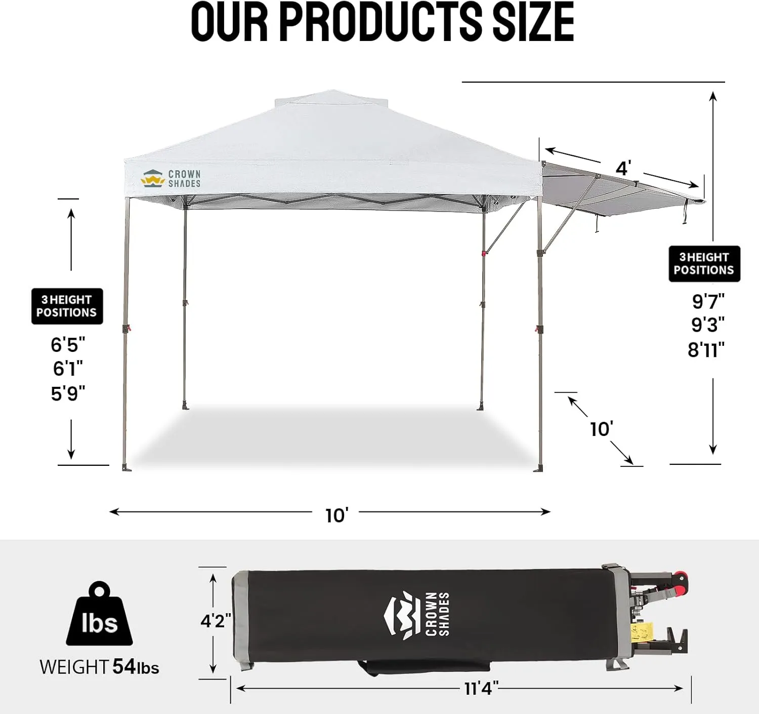 CROWN SHADES 10x10 Pop up Canopy Tent, Instant Commercial Canopy with Extend Awning, Patended Centerlock, 150D Silver Coated Fabric, 4 Ropes, 8 Stakes, 4 Weight Bags, STO 'N Go Bag, White