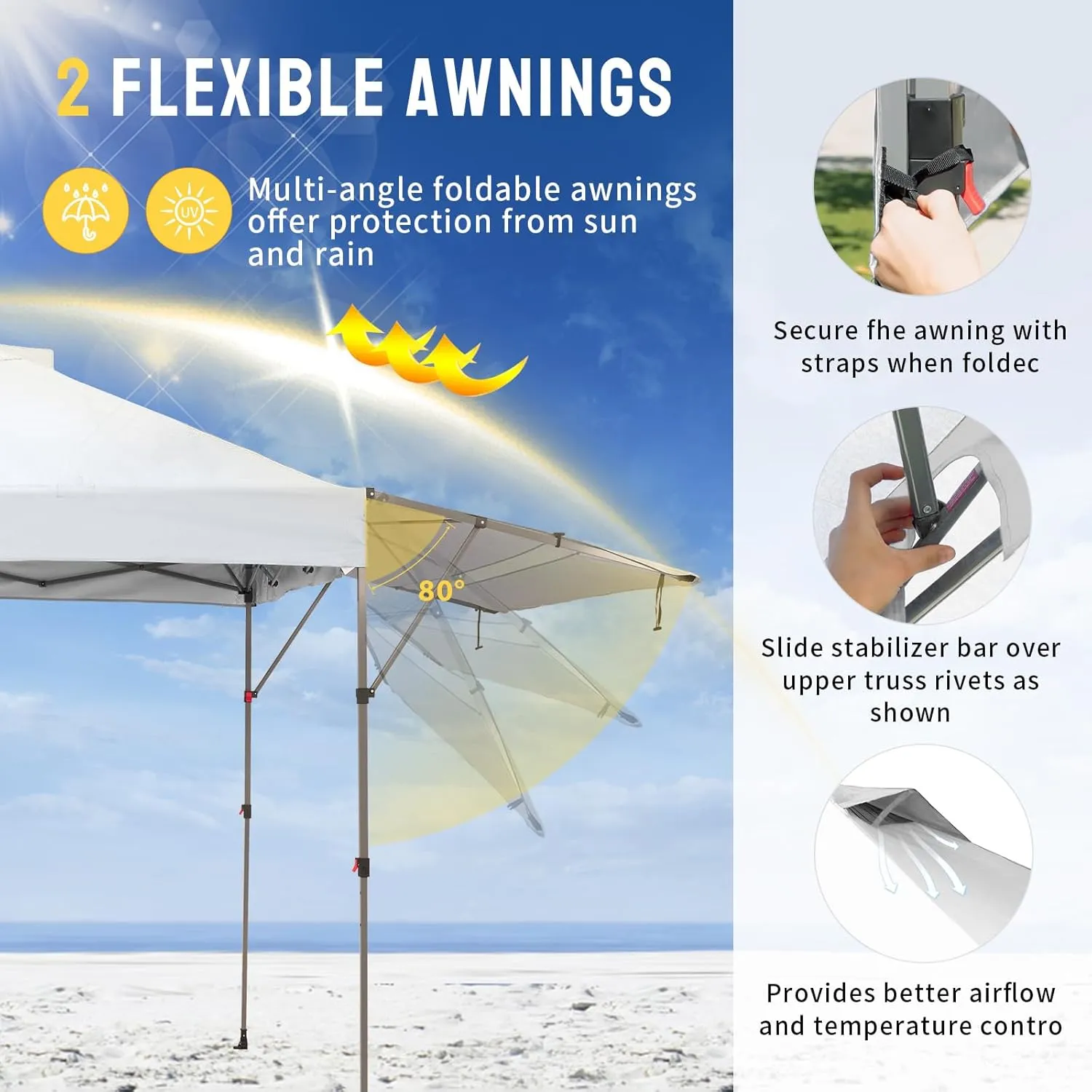 CROWN SHADES 10x10 Pop up Canopy Tent, Instant Commercial Canopy with Extend Awning, Patended Centerlock, 150D Silver Coated Fabric, 4 Ropes, 8 Stakes, 4 Weight Bags, STO 'N Go Bag, White