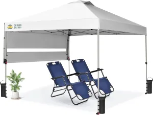 CROWN SHADES 10x10 Pop up Canopy Tent, Instant Commercial Canopy with Extend Awning, Patended Centerlock, 150D Silver Coated Fabric, 4 Ropes, 8 Stakes, 4 Weight Bags, STO 'N Go Bag, White