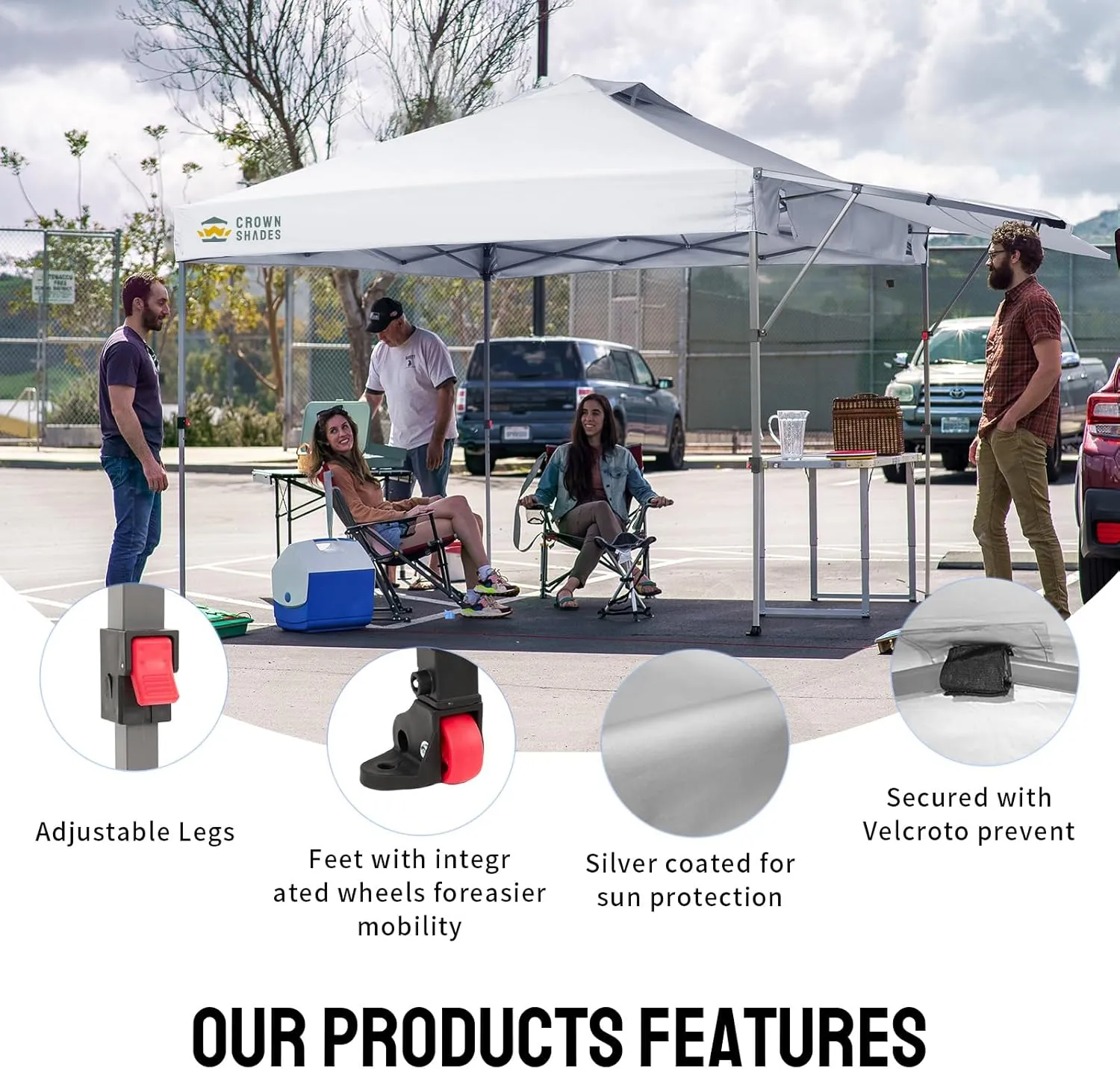 CROWN SHADES 10x10 Pop up Canopy Tent, Instant Commercial Canopy with Extend Awning, Patended Centerlock, 150D Silver Coated Fabric, 4 Ropes, 8 Stakes, 4 Weight Bags, STO 'N Go Bag, White
