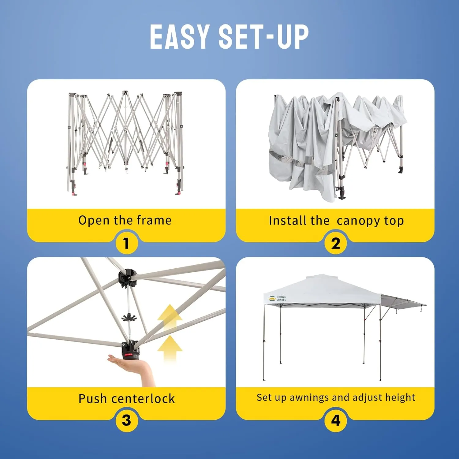 CROWN SHADES 10x10 Pop up Canopy Tent, Instant Commercial Canopy with Extend Awning, Patended Centerlock, 150D Silver Coated Fabric, 4 Ropes, 8 Stakes, 4 Weight Bags, STO 'N Go Bag, White