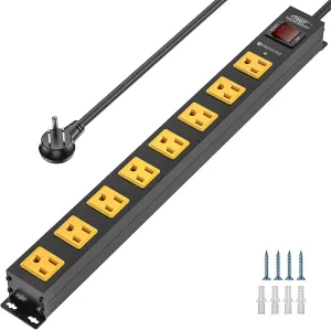 CRST 8 Outlet Metal Long Power Strip,Heavy Duty Surge Protector 2100J, 6 FT Cord Mountable Wide Spaced Workshop Garage Power Strip, 15amp/1875W(Black Yellow)