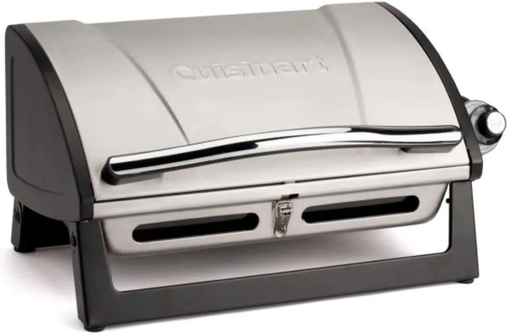 Cuisinart Grillster Portable Gas Grill, Stainless Steel Compact BBQ Grill with Locking Lid for Easy Transport, 8000 BTU Propane Grill with Dishwasher Safe Cooking Grate, Small Grill for Camping & BBQs