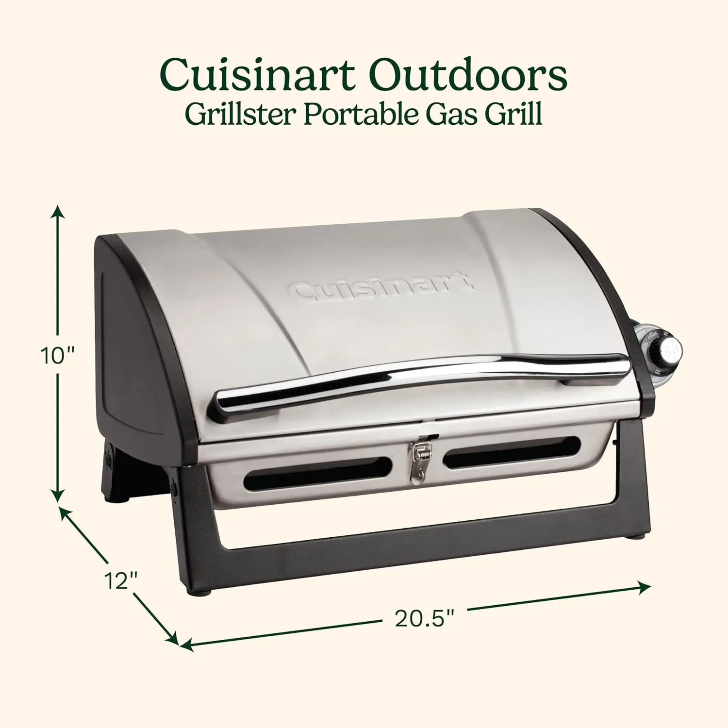 Cuisinart Grillster Portable Gas Grill, Stainless Steel Compact BBQ Grill with Locking Lid for Easy Transport, 8000 BTU Propane Grill with Dishwasher Safe Cooking Grate, Small Grill for Camping & BBQs