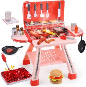 CUTE STONE Kids BBQ Grill Playset, Toy Grill Cooking Set with Sound, Lights & Spray, Play Grill Included Cookware, Play Kitchen Accessories, Play Food,Indoor Outdoor Kitchen Playset for Toddlers Girls