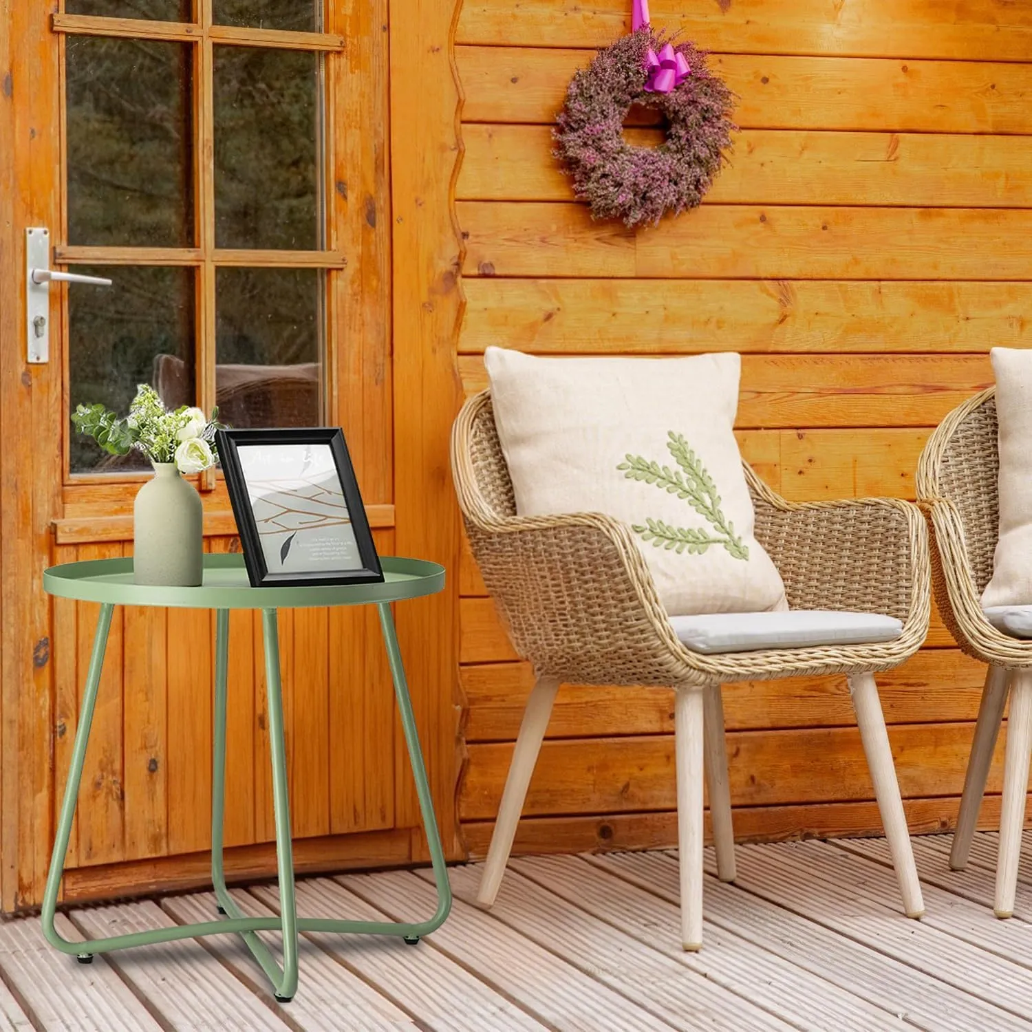 danpinera Outdoor Side Tables, Weather Resistant Steel Patio Small Round Outdoor Metal End Table for Patio Yard Balcony Garden Bedside Green
