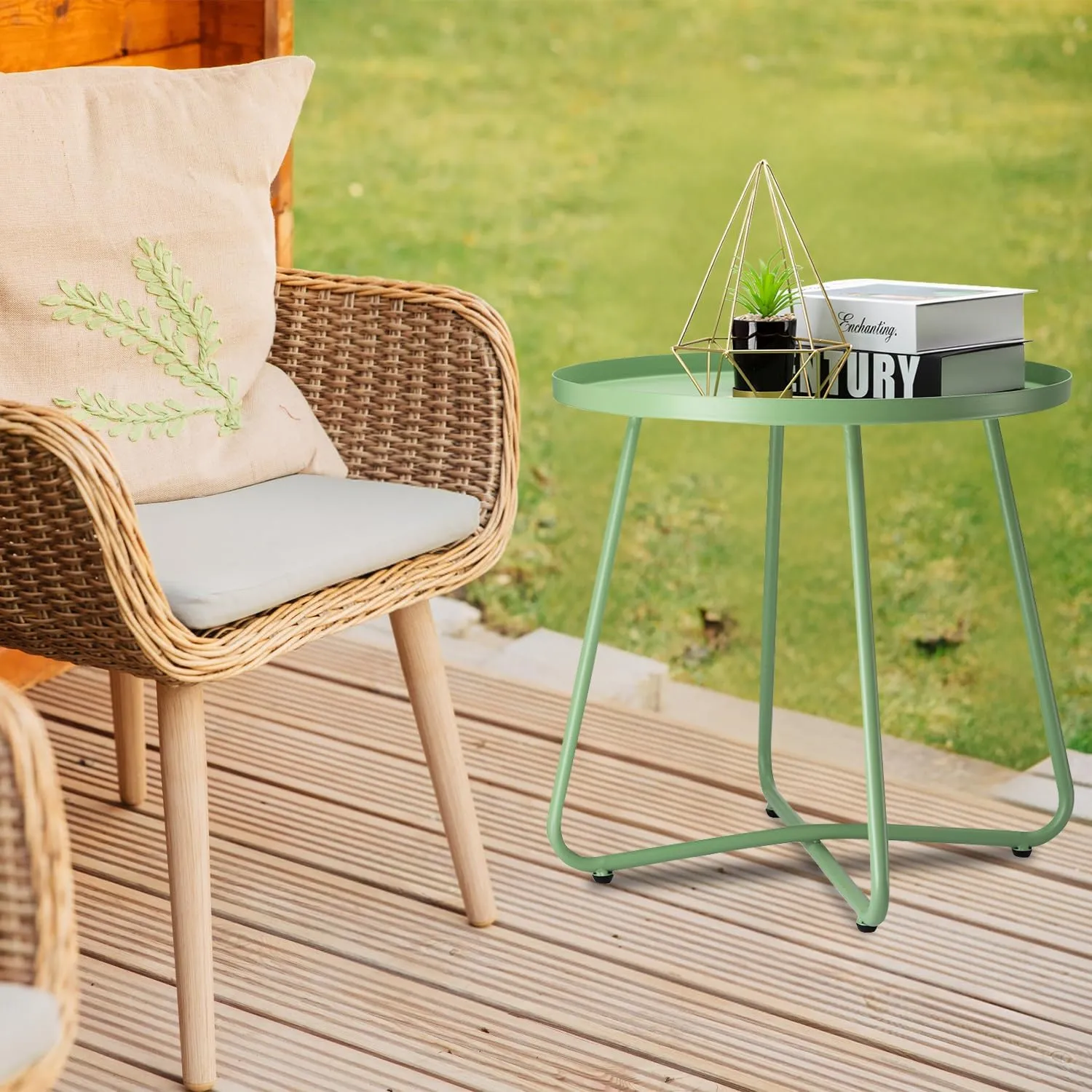 danpinera Outdoor Side Tables, Weather Resistant Steel Patio Small Round Outdoor Metal End Table for Patio Yard Balcony Garden Bedside Green