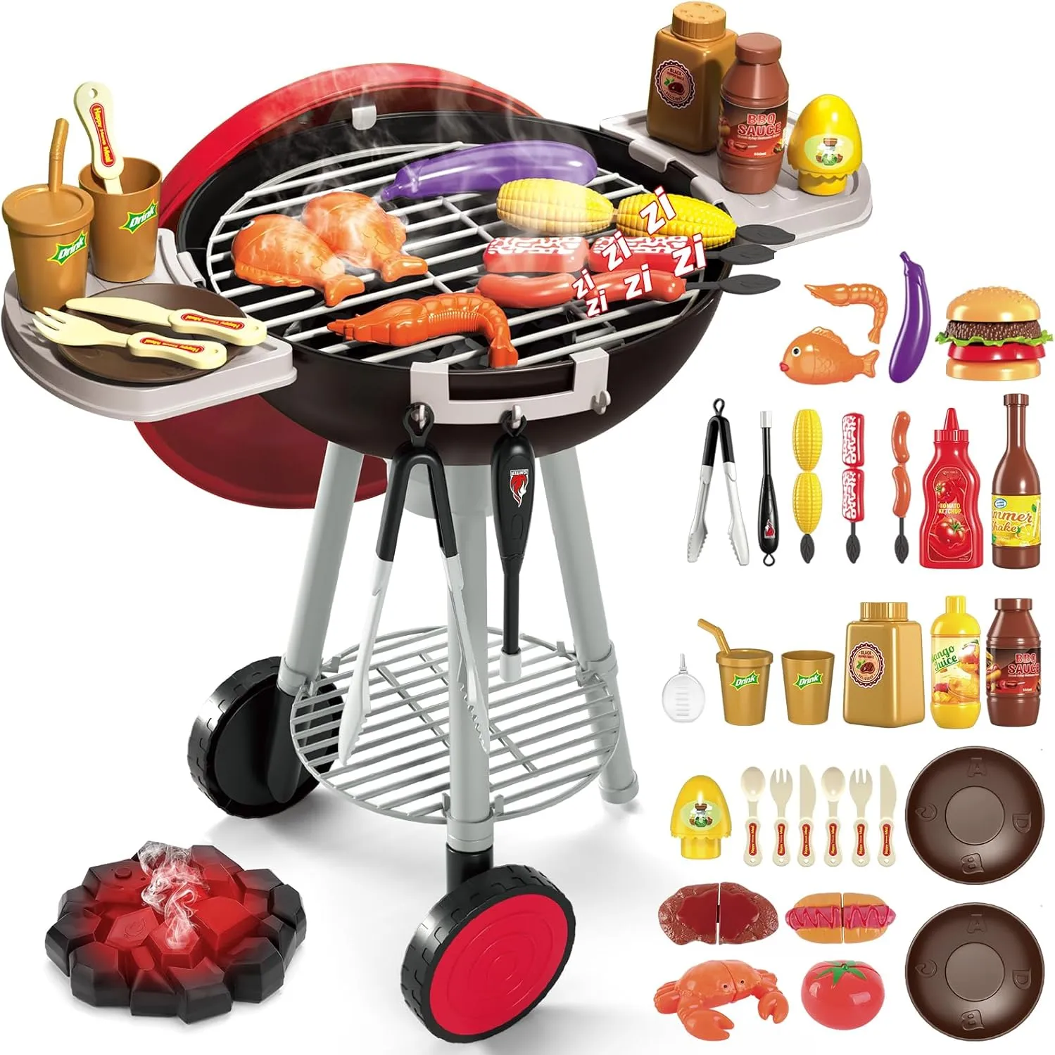 deAO Kids BBQ Grill Playset - Kitchen Toy Set With Pretend Smoke, Light, Sound Accessories - Indoor Outdoor Cooking Toy for Boys and Girls
