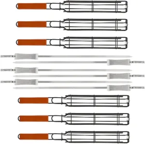 DEAYOU Set of 12 Kabob Grilling Baskets and Skewers, Stainless Steel BBQ Grill Basket Kebab Skewer, Nonstick Portable Barbecue Grate with Handle for Fish, Veggies, Steak (6 Baskets and 6 Skewers)
