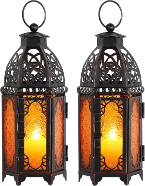 DECORKEY Set of 2 Moroccan Lanterns Decorative Indoor & Outdoor, 11’’ Medium Size Vintage Metal Hanging&Tabletop Candle Holder Decor, Halloween Christmas Ramadan Decorations for Home (Amber)