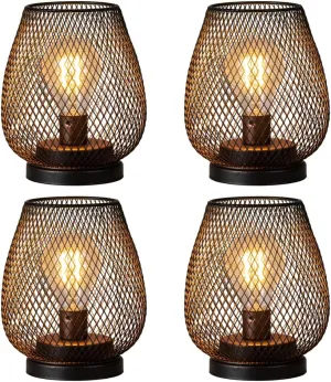 DECORKEY Set of 4 Battery Operated Lamp LED Table Lantern, Brown Metal Cage Cordless Lamps with LED Bulb，Vintage Decorative Outdoor Lantern for Weddings, Parties, Patio, Events for Indoors Shelf Decor