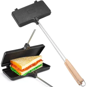 Double Pie Iron for Outdoor Cooking, Long Handle Campfire Sandwich Cooker with Removable Handles, Portable Mountain Pie Maker for Grills and Fires
