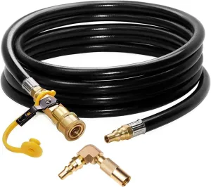 DOZYANT 12ft RV Propane Quick Connect Hose with Elbow Conversion Fitting for Blackstone 17inch and 22inch Table Top Griddle - 1/4 inch Safety Shutoff Valve & Male Full Flow Plug