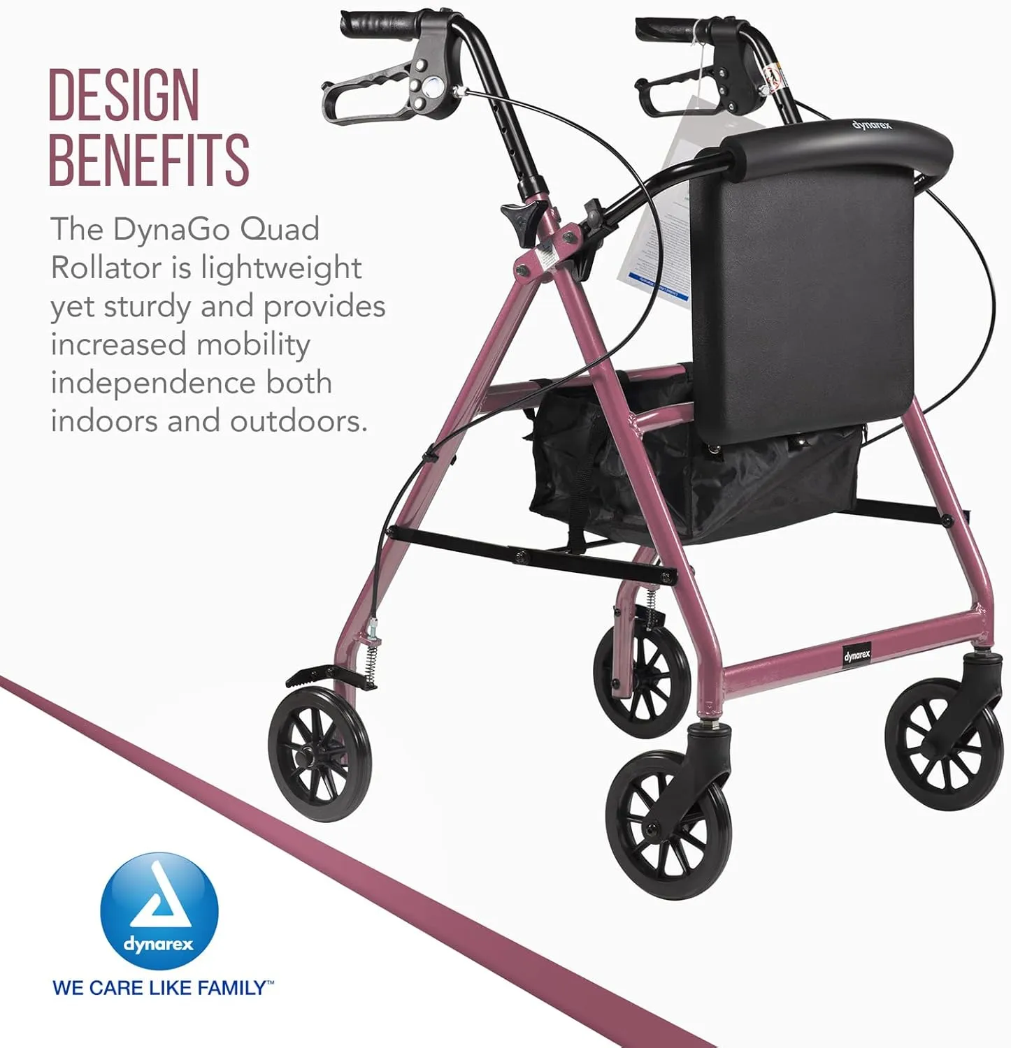 Dynarex DynaGo Quad Rollator, 6" Wheels, Padded Seat, Backrest, Storage Pouch with a Durable Frame, 300 Lb. Weight Capacity, 1 Rolling Walker, Pink