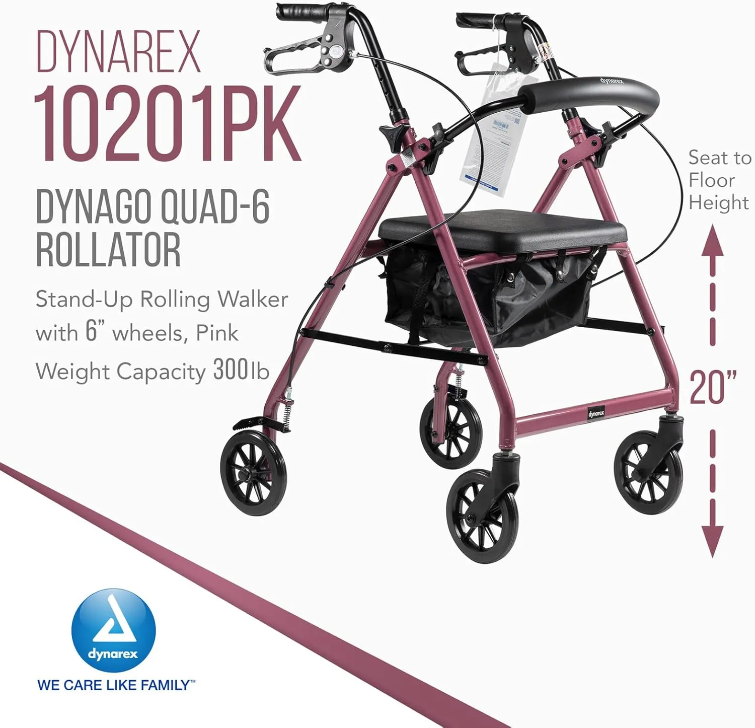 Dynarex DynaGo Quad Rollator, 6" Wheels, Padded Seat, Backrest, Storage Pouch with a Durable Frame, 300 Lb. Weight Capacity, 1 Rolling Walker, Pink