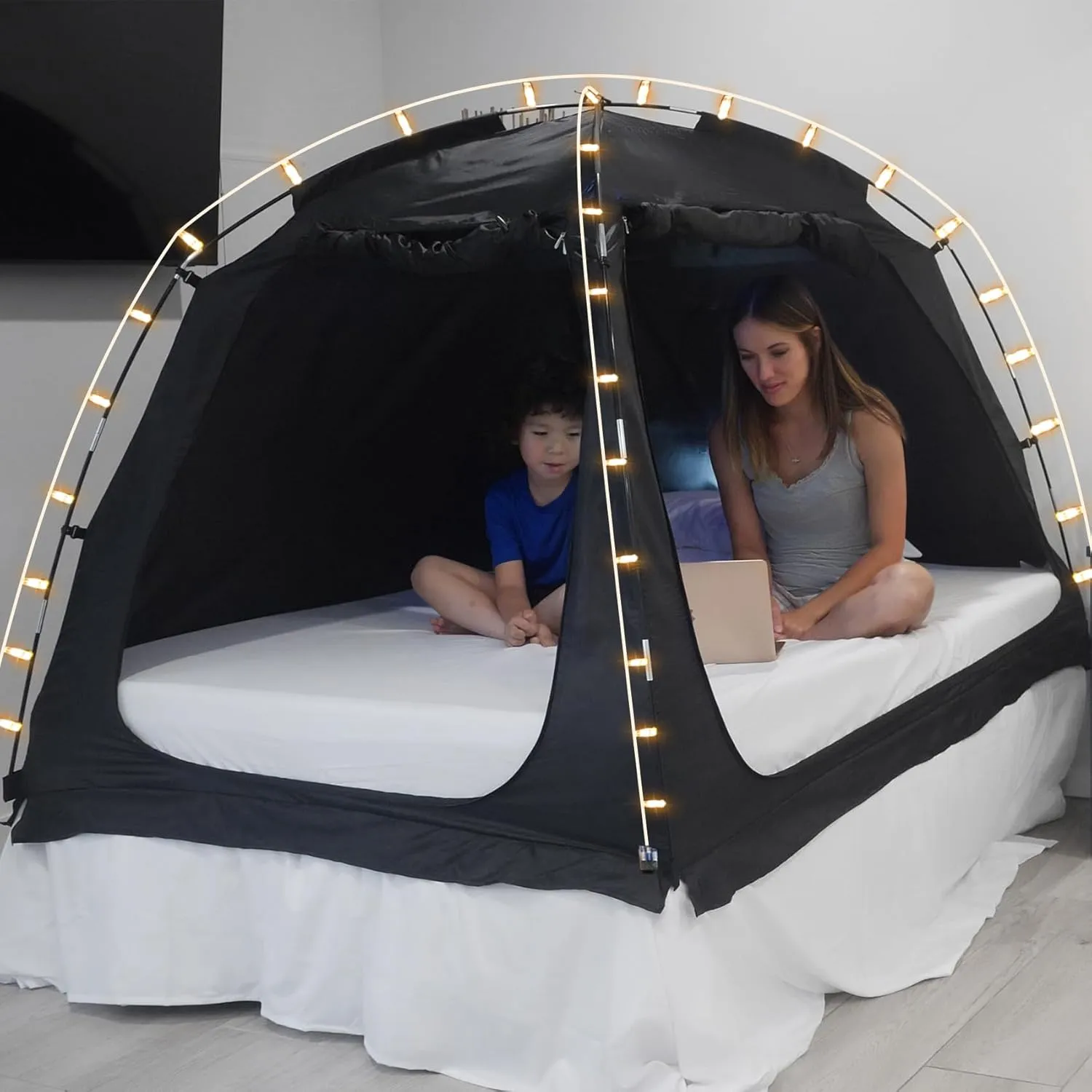 EighteenTek Bed Tent Full Size Bed Canopy, Light Reducing Sleeping Tent Lightweight Portable Indoor Tent Breathable Privacy Space on Bed with 2 Doors for Adults Kids Autism (Full, Black)