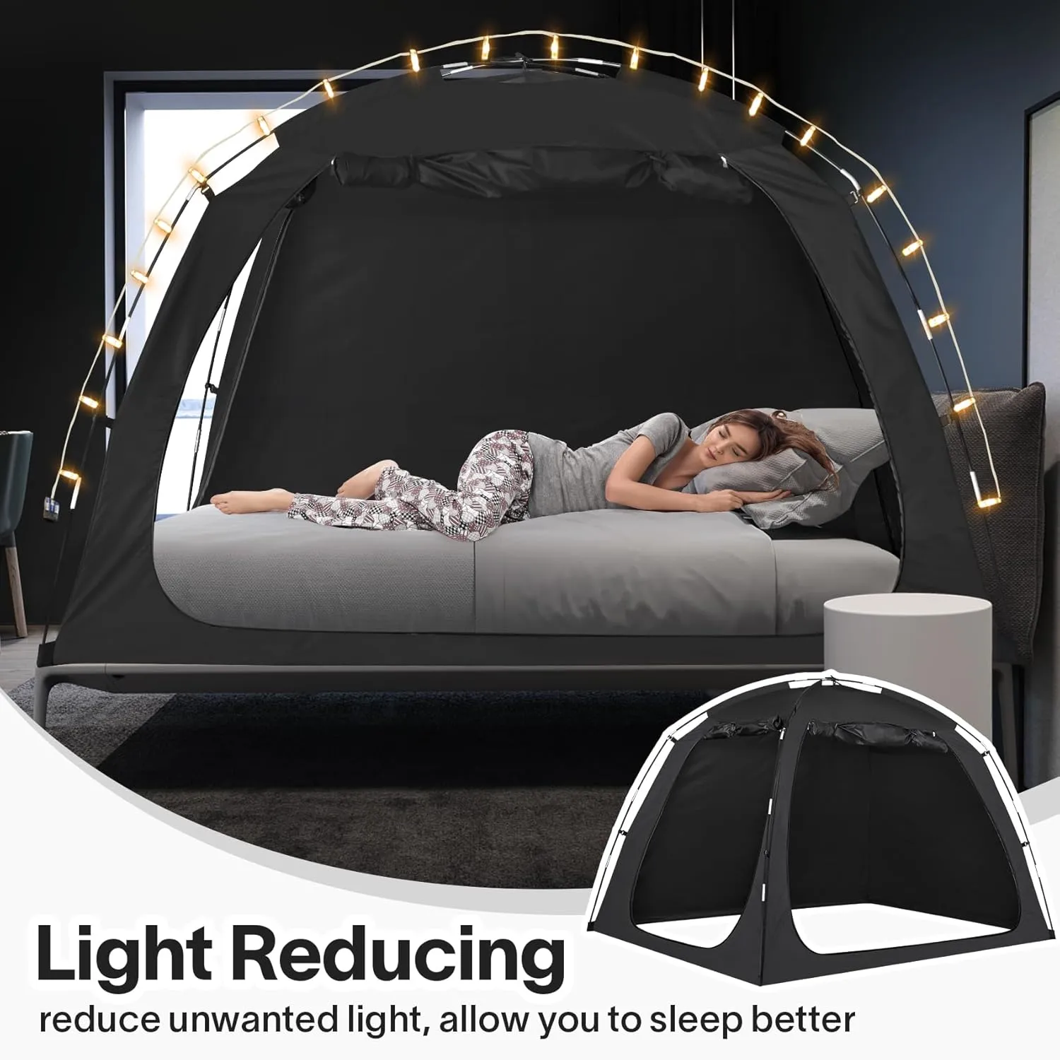 EighteenTek Bed Tent Full Size Bed Canopy, Light Reducing Sleeping Tent Lightweight Portable Indoor Tent Breathable Privacy Space on Bed with 2 Doors for Adults Kids Autism (Full, Black)