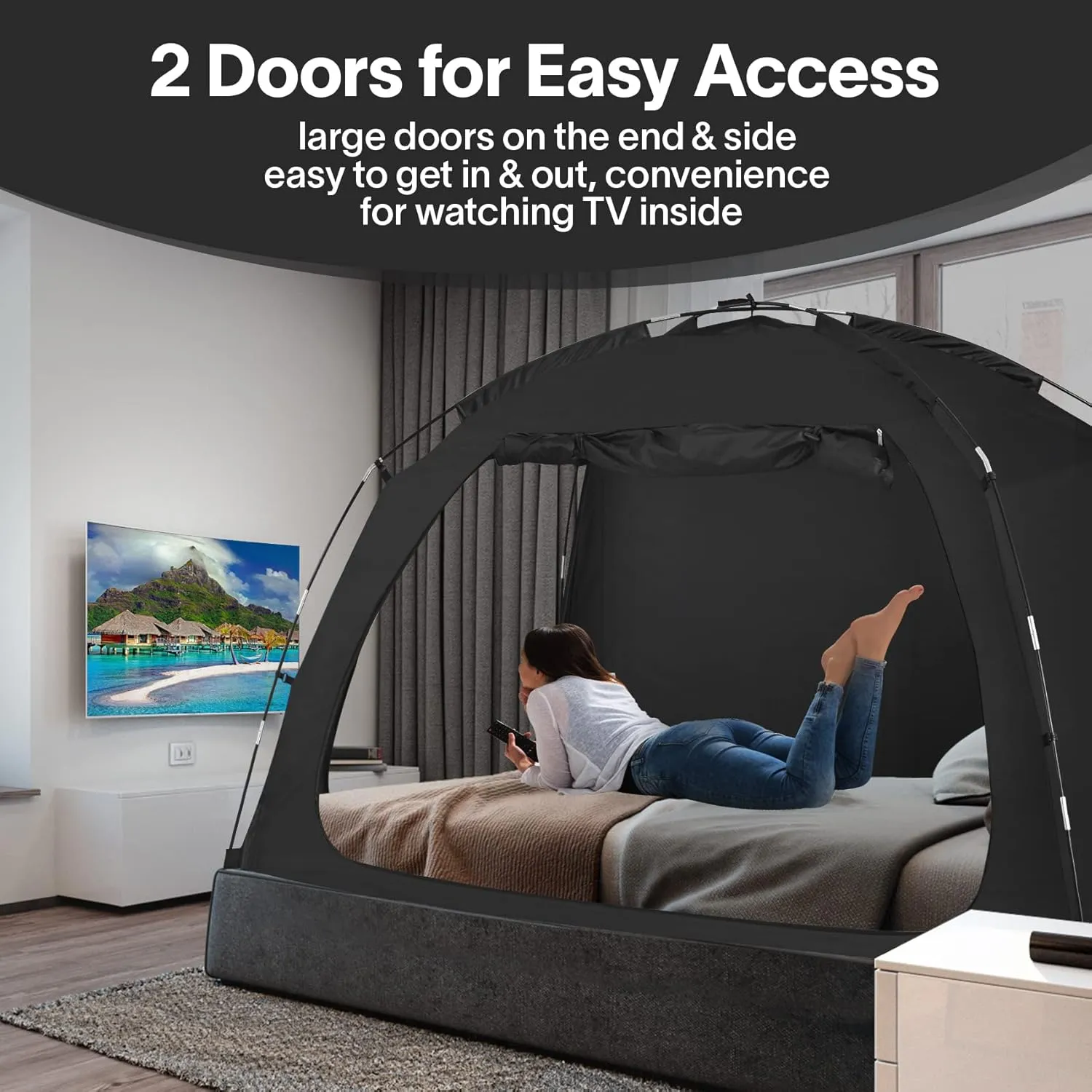 EighteenTek Bed Tent Full Size Bed Canopy, Light Reducing Sleeping Tent Lightweight Portable Indoor Tent Breathable Privacy Space on Bed with 2 Doors for Adults Kids Autism (Full, Black)