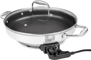 Electric Skillet By Cucina Pro - 18/10 Stainless Steel, Frying Pan with Non Stick Interior, Tempered Glass Lid with Handles, 12" Round, Temperature Control Probe for Adjustable Heat Settings, Portable