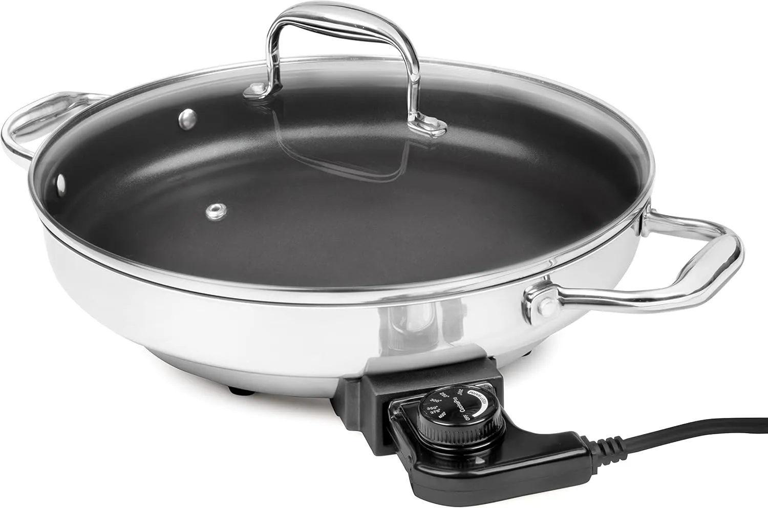 Electric Skillet By Cucina Pro - 18/10 Stainless Steel, Frying Pan with Non Stick Interior, Tempered Glass Lid with Handles, 12" Round, Temperature Control Probe for Adjustable Heat Settings, Portable