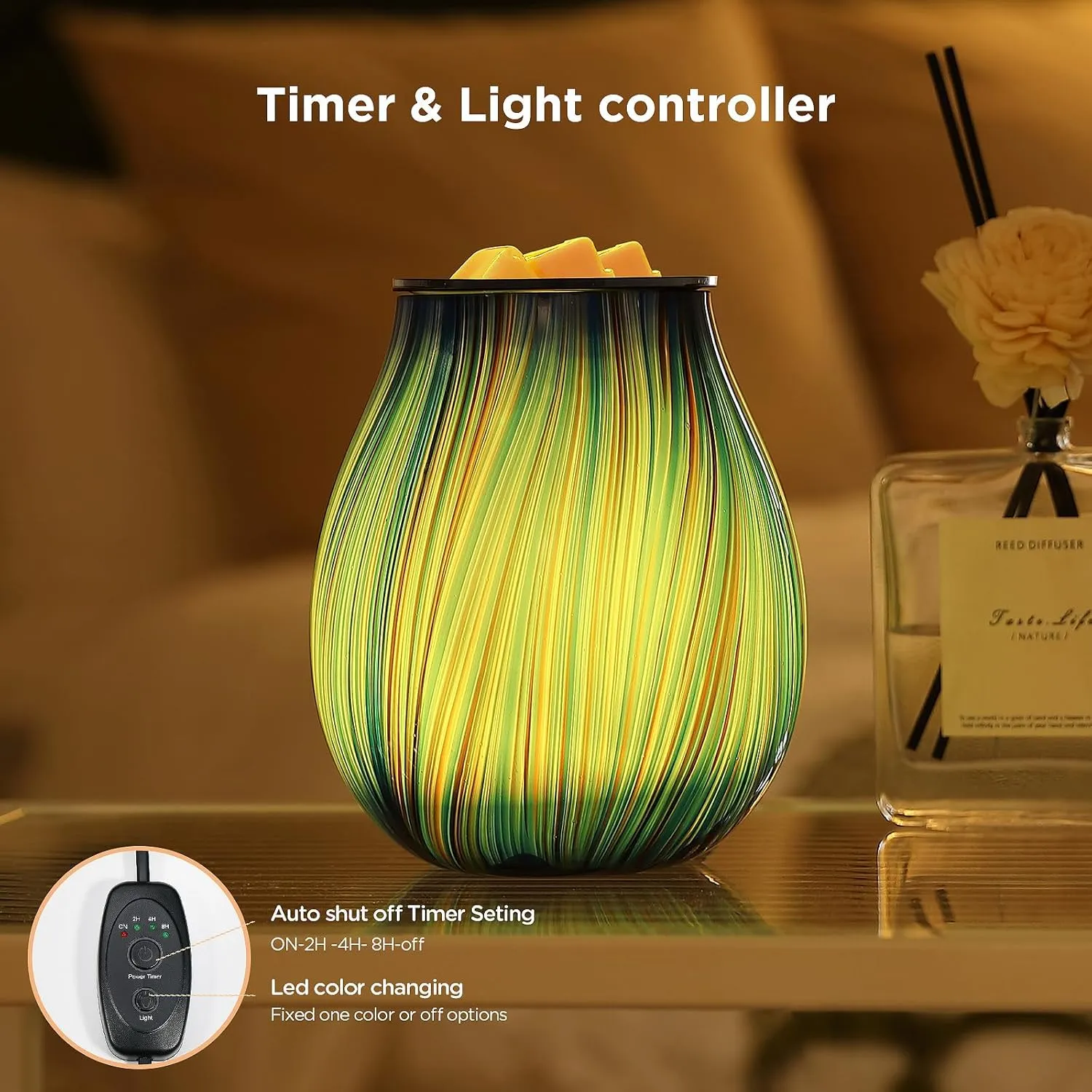 Electric Wax Melt Burner Art Glass Scented Candle Warmer with Timer and 7 led Color Changing Removable Silicone Dish for Wax Melts Fragrance Oil Night Light Candle Warmer for Home