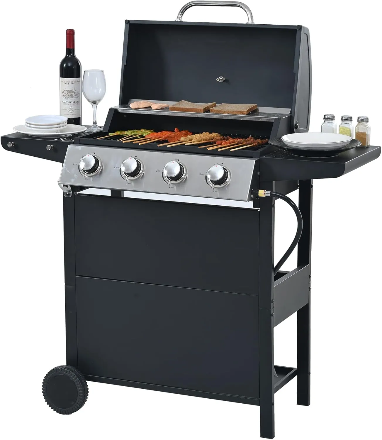 ESPIDOO 4 Burner Propane Gas Grill: 34,000 BTU Stainless Steel BBQ with Wheels & Shelves for Backyard, Garden, and Patio Cooking - Perfect for Outdoor Enthusiasts & Family Gatherings