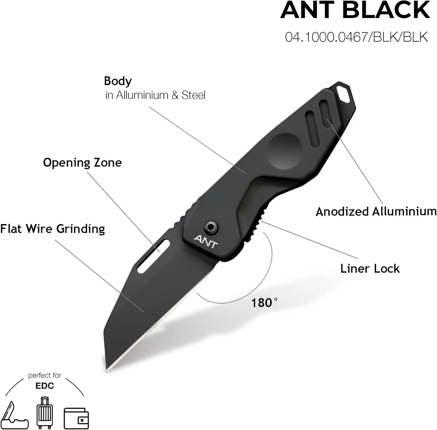 Extrema Ratio - ANT (Black) Folding Knife, Bohler N690 steel blade hardened to 58 HRC, black burnished finish, compact design, smooth aluminum handle, Italian craftsmanship