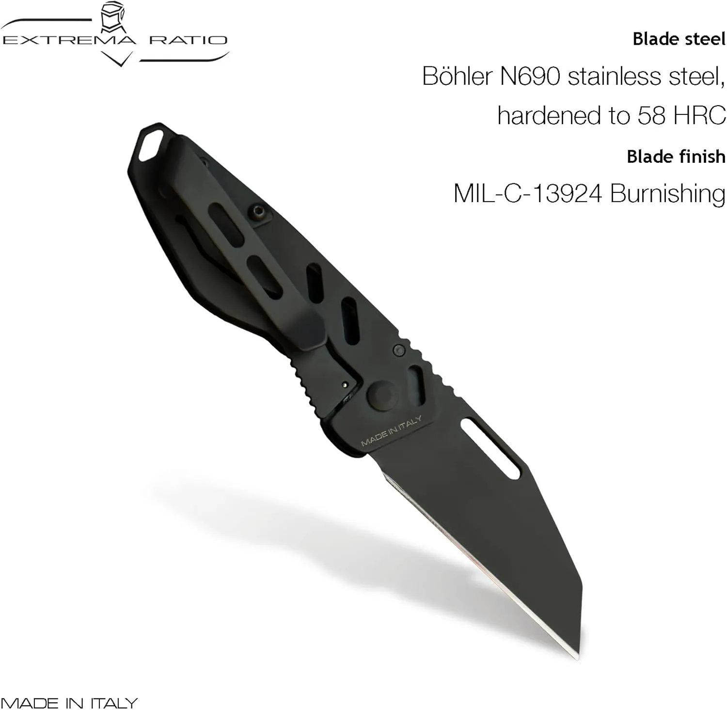 Extrema Ratio - ANT (Black) Folding Knife, Bohler N690 steel blade hardened to 58 HRC, black burnished finish, compact design, smooth aluminum handle, Italian craftsmanship