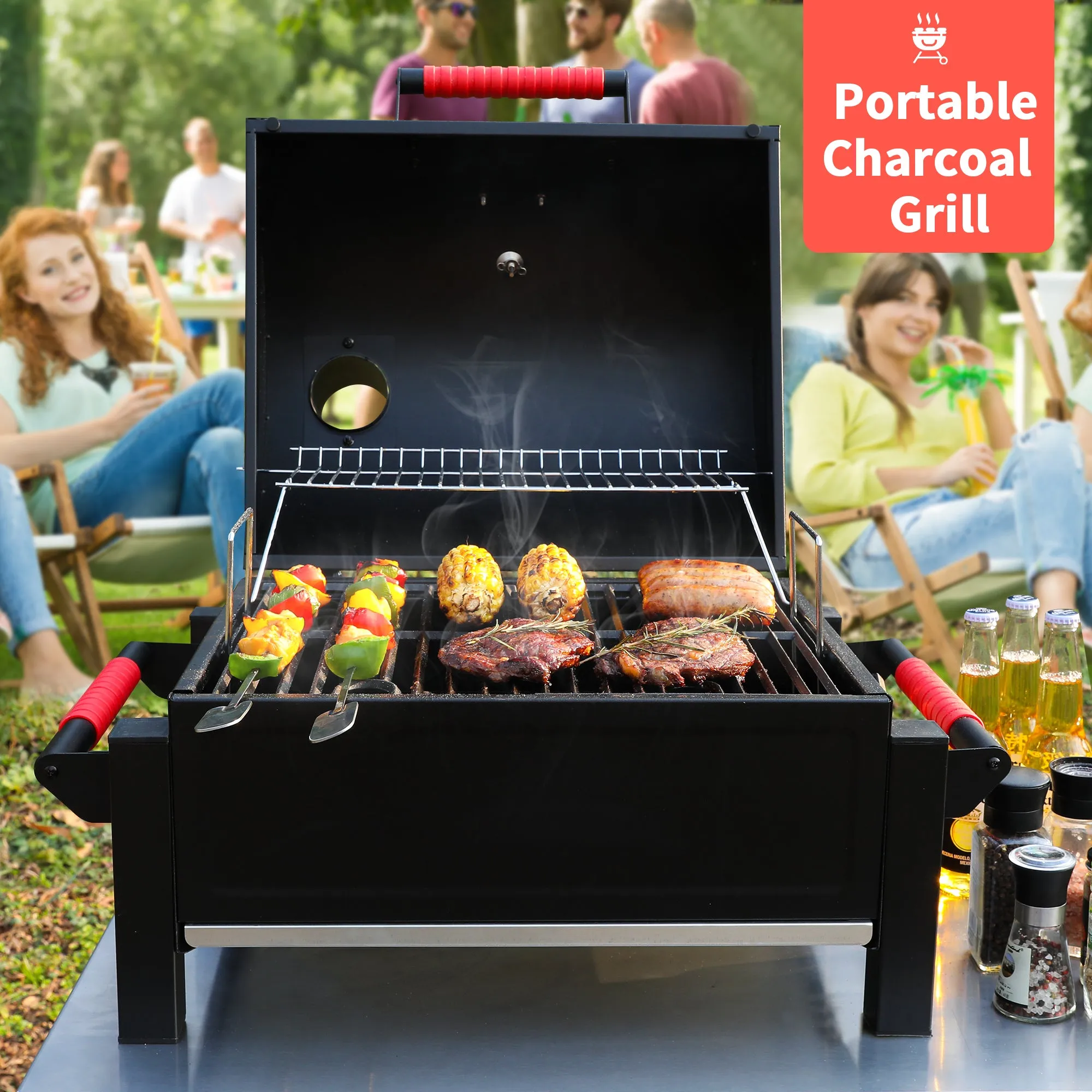 FEASTO Portable Charcoal Grill with Two Silicone Holding Handles Tabletop grilling with 354 Square Inches Cooking Area  Convenient for outdoor Camping and Picnic Black L26.8’’x W20’’x H21.3’’