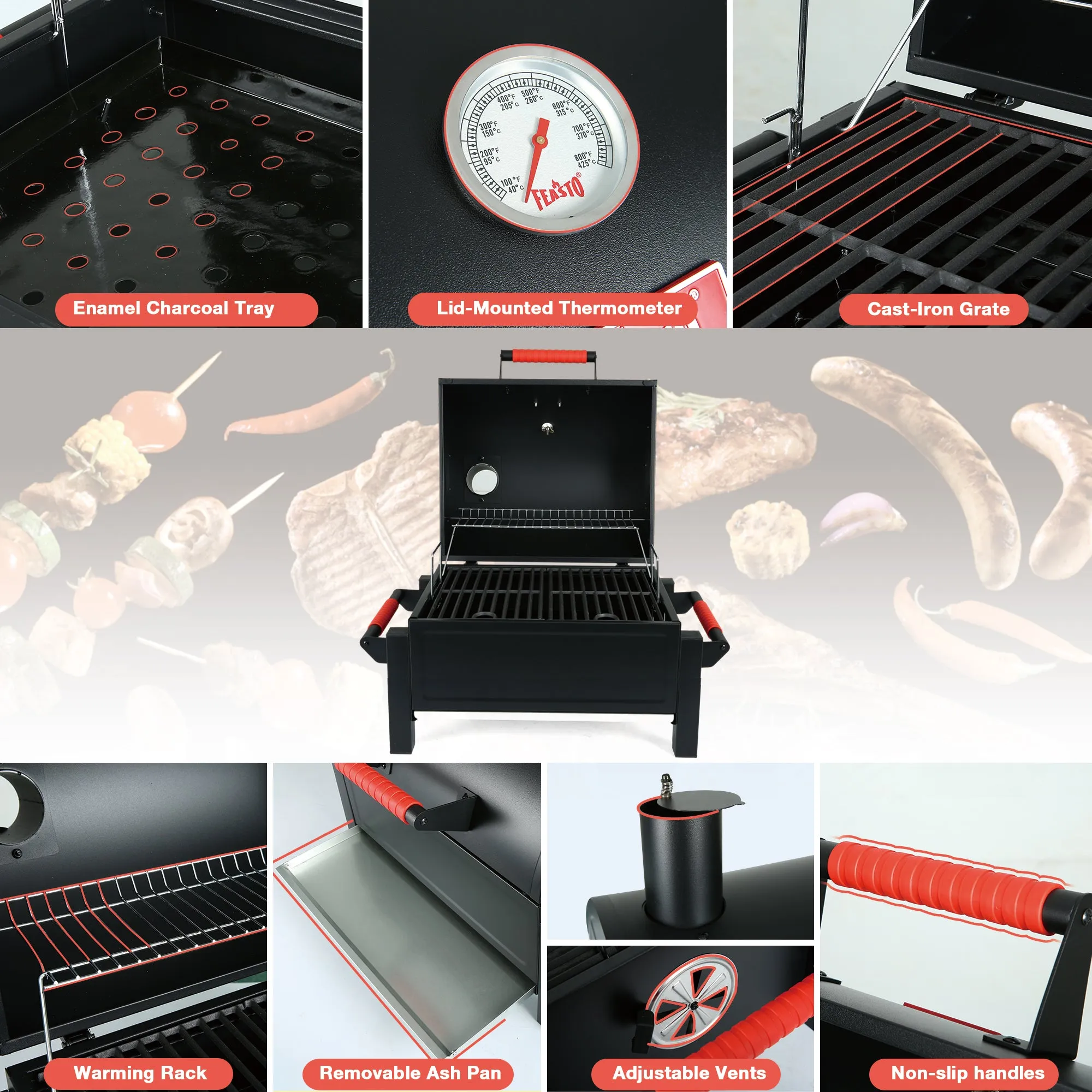 FEASTO Portable Charcoal Grill with Two Silicone Holding Handles Tabletop grilling with 354 Square Inches Cooking Area  Convenient for outdoor Camping and Picnic Black L26.8’’x W20’’x H21.3’’