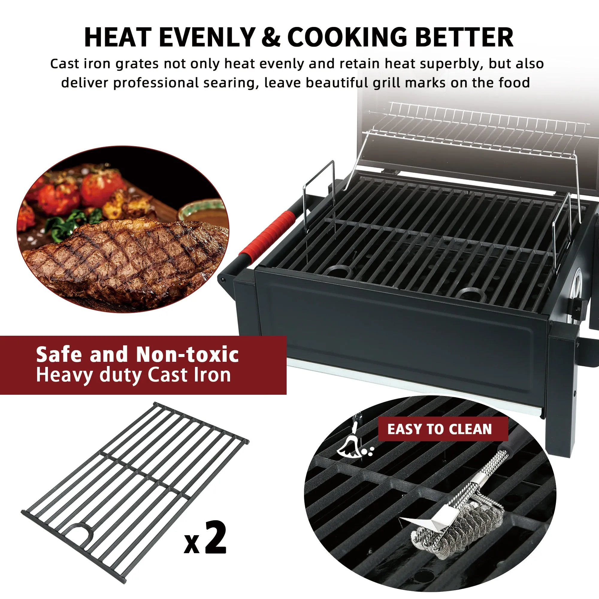 FEASTO Portable Charcoal Grill with Two Silicone Holding Handles Tabletop grilling with 354 Square Inches Cooking Area  Convenient for outdoor Camping and Picnic Black L26.8’’x W20’’x H21.3’’