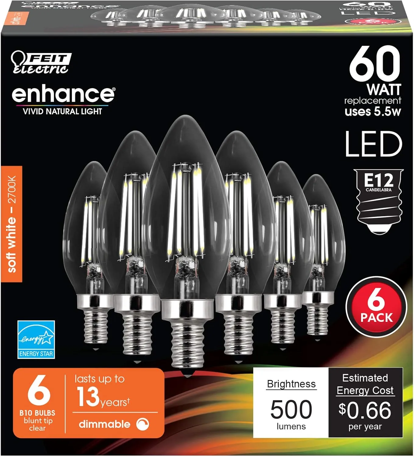 Feit Electric 60W Equivalent Candelabra LED Light Bulb, Dimmable, E12 Base, 2700K Soft White, B10 Filament Torpedo Tip Decorative Lighting Bulbs, 13-Year Lifetime, CTC60/927CA/FIL/6, 6-Pack