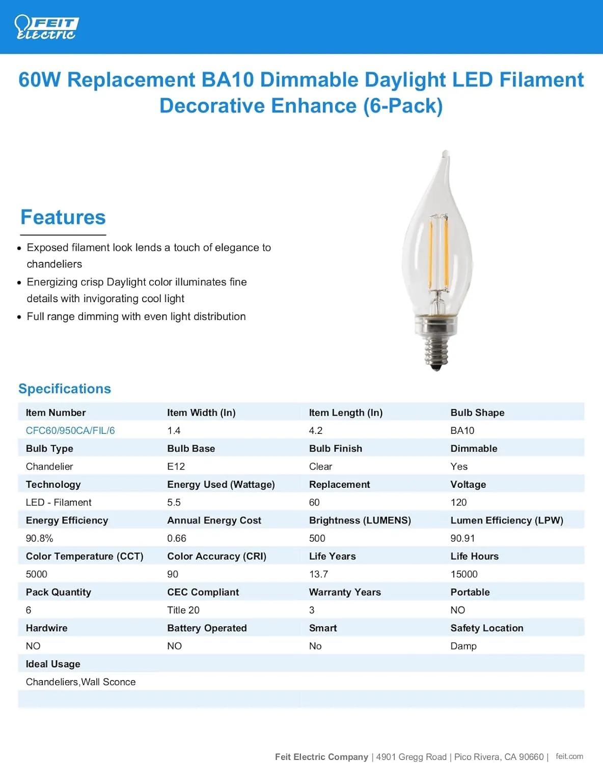 Feit Electric 60W Equivalent Candelabra LED Light Bulb, Dimmable, E12 Base, 2700K Soft White, B10 Filament Torpedo Tip Decorative Lighting Bulbs, 13-Year Lifetime, CTC60/927CA/FIL/6, 6-Pack