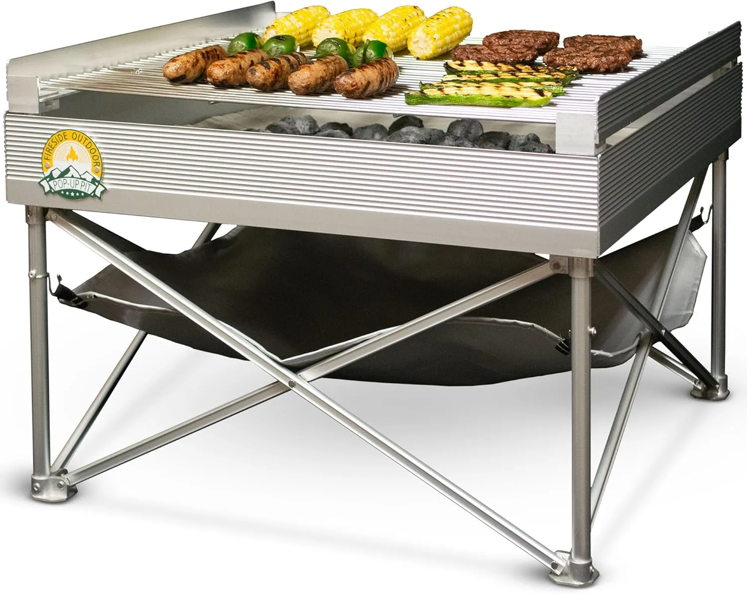 Fireside Outdoor Pop-Up Fire Pit - Portable Fire Pit, BBQ Grill, Charcoal Grill, Folding Fire Pit, Camp Grill, Portable Campfire, Outdoor Fire Pit with Grill and Heat Shield - Quad-Fold Grates