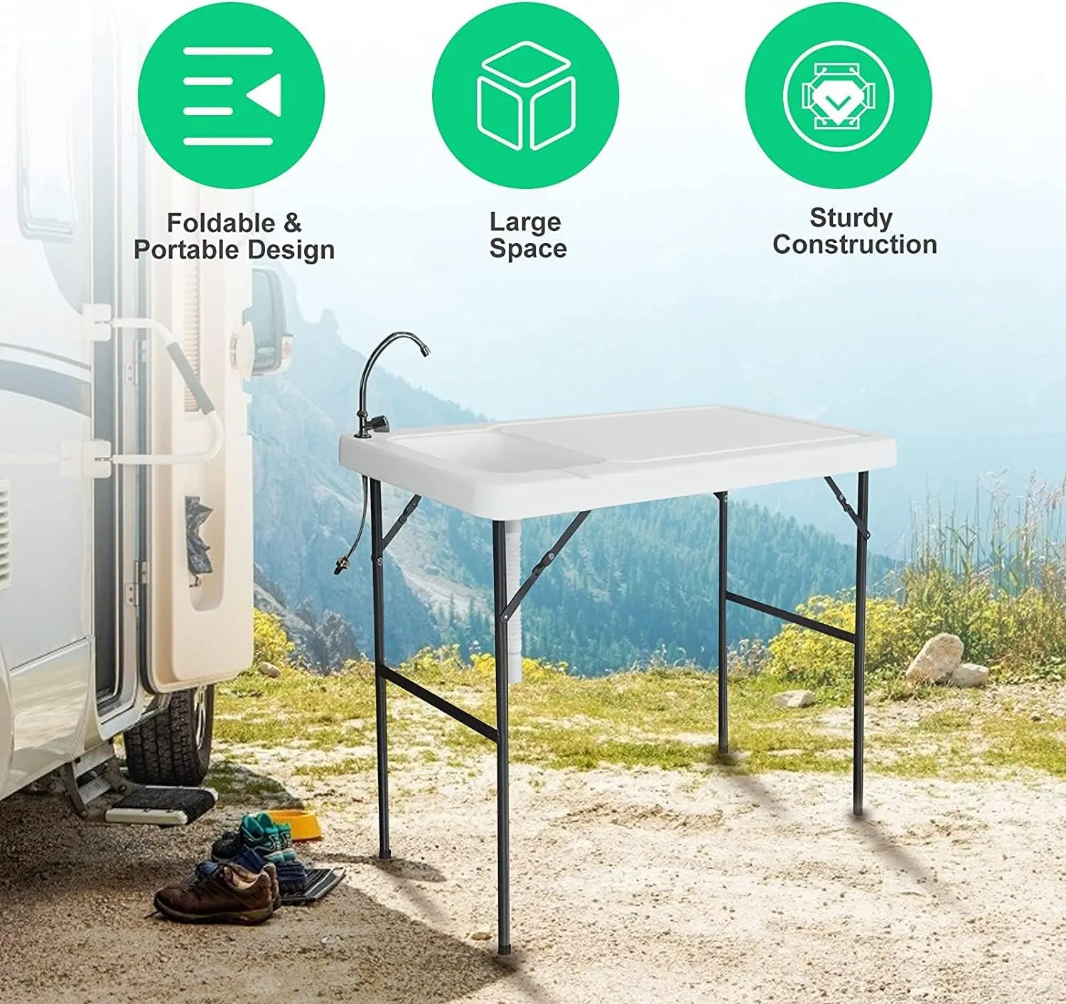 Fish Cleaning Table Portable Folding Fish Cleaning Table with Sink and Sprayer Outdoor Sink Station with Hose Hook Up Camping Table with Sink Fish Fillet Hunting Table