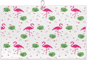 Flamingo Flower Leaves Golf Towel with Heavy Duty Carabiner Ultra Absorbent Quick Dry Perfect for Cleaning Clubs Balls Gear Essential Golf Accessory for Men Women Kids