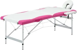 Foldable 2-Zone Massage Table with Adjustable Height, Aluminum Frame, Comfortable Foam Cushion, White and Pink