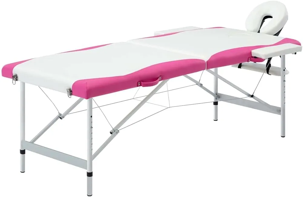 Foldable 2-Zone Massage Table with Adjustable Height, Aluminum Frame, Comfortable Foam Cushion, White and Pink
