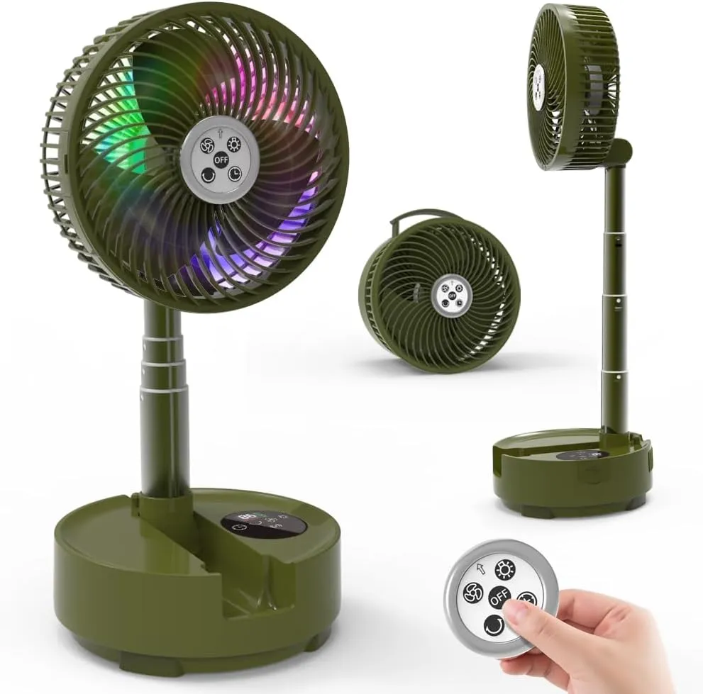 Foldable Oscillating Pedestal Fan with Remote, 8" USB C Rechargeable 20000mah Battery Powered Fan with LED Colorful Lights, Portable Floor Fan - Camping, Table, Home Travel Green